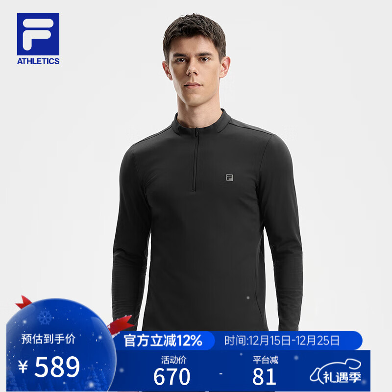 斐乐 斐乐官方男子针织长袖上衣2025冬季新款健身运动加绒基础长T 深黑-BK L 175/96A/L