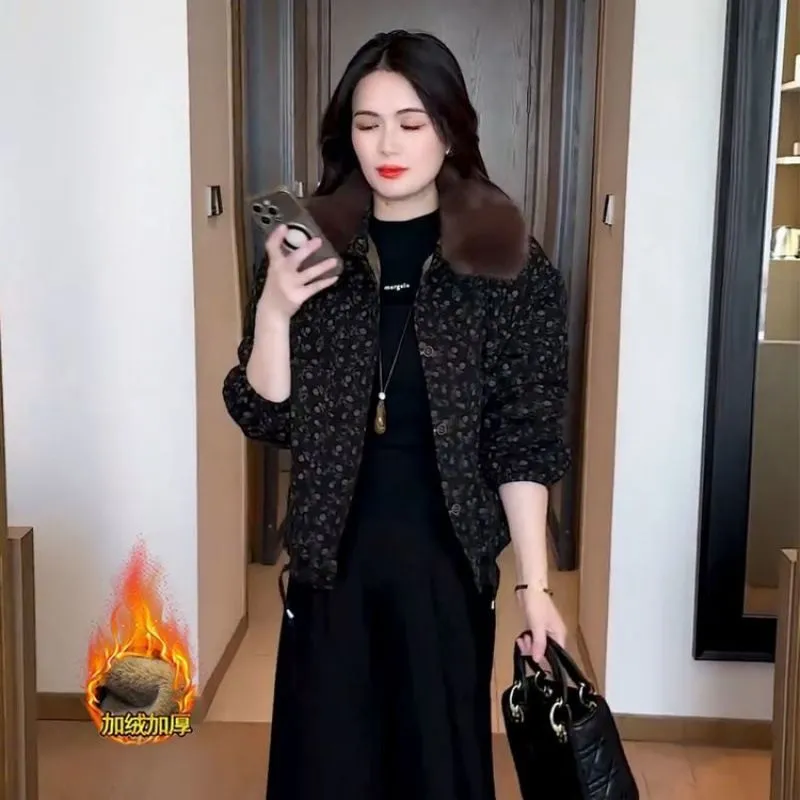 2025加绒加厚印花短外套女士冬季新款小个子长袖夹克中老年女棉服 黑色【加绒加厚】 L 【建议105-120斤】