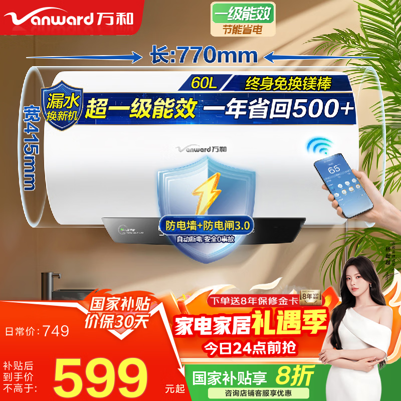 万和（Vanward）【国家补贴20%】家用速热储水式电热水器【节能星系列】2200W速热一级能效节能省电自动断电洗Q2 60L 3-4人洗【防电墙】咨询客服享底价 一级能效|双防护盾安全洗