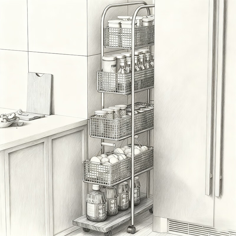 尔思家厨房夹缝置物架落地移动蔬菜零食抽拉多层收纳柜缝隙零食小推车 夹缝架*圆管三层(带导轨)*白色