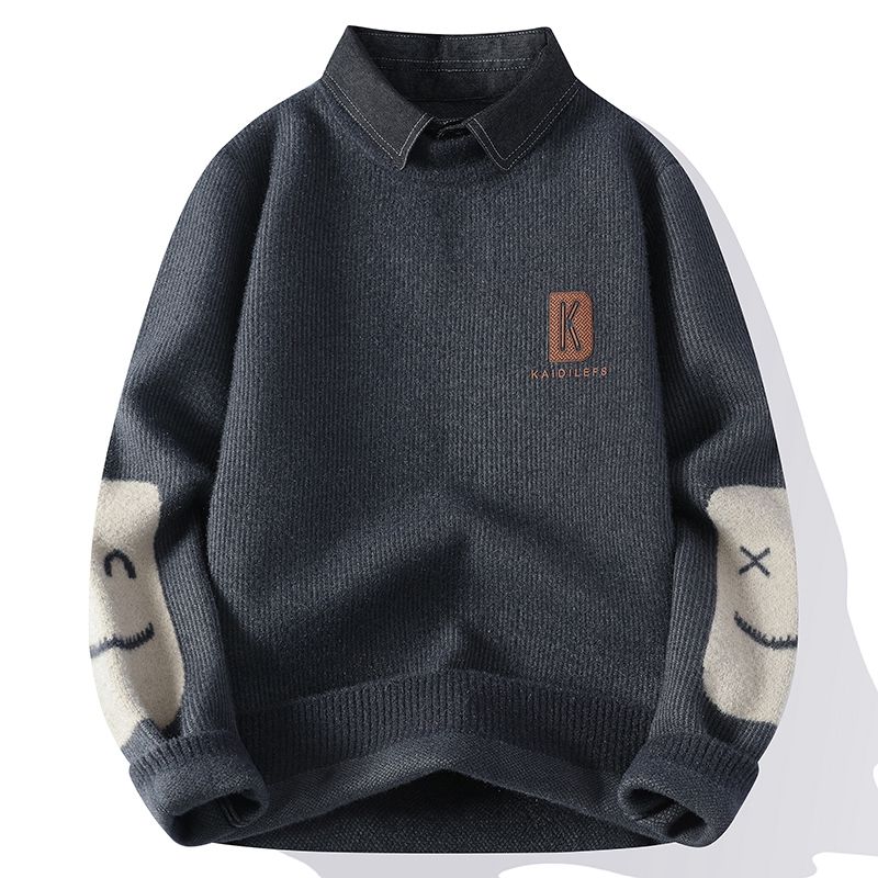 冬季假两件毛衣男加厚衬衫领毛线衣潮流帅气青年百搭保暖针织衫潮 9620卡其 均码 4XL建议165180斤