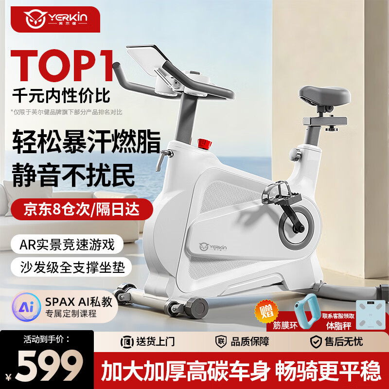 英尔健动感单车磁控家用静音小型自行车室内减肥锻炼运动健身器材 [豪华款白]无极阻力/蓝牙游戏/踏频监测