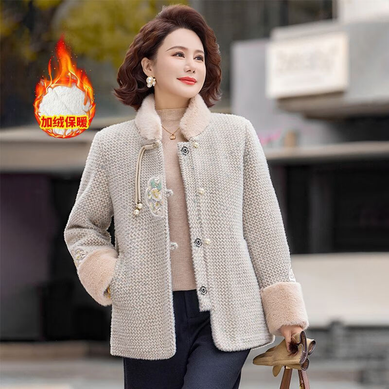 妈妈冬装高贵洋气中式短款毛呢外套中老年女装新款加绒加厚上衣女 灰绿色 XL 建议90-105斤