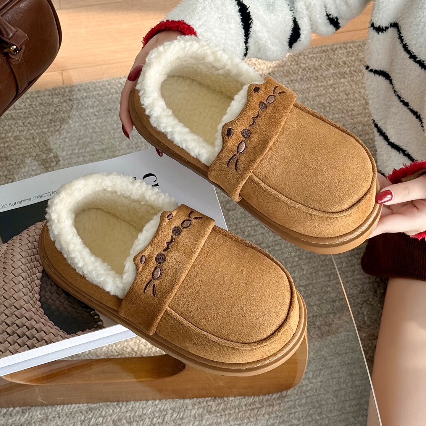 FZT可爱棉拖鞋女士冬季包跟2025新款厚底加绒保暖可爱毛毛拖鞋女外穿 深咖 36-37 标准码