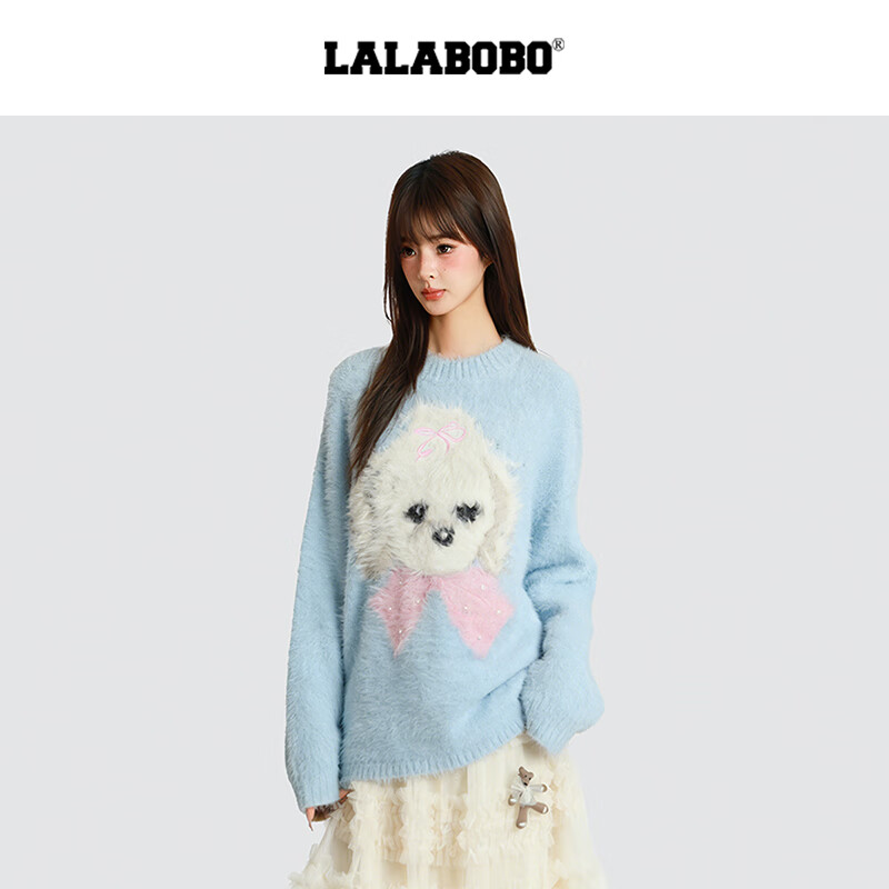 LALABOBO【玩偶系列】毛织毛衣25年冬新潮原创高级蓝保暖上衣RBEC-WSTM14 蓝色 S