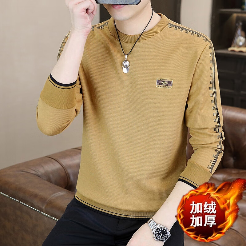【轻奢】欧版秋冬款长袖打底套头时尚休闲百搭男士圆领卫衣宽松F 黄色加绒加厚 3XL 【建议170-180斤】