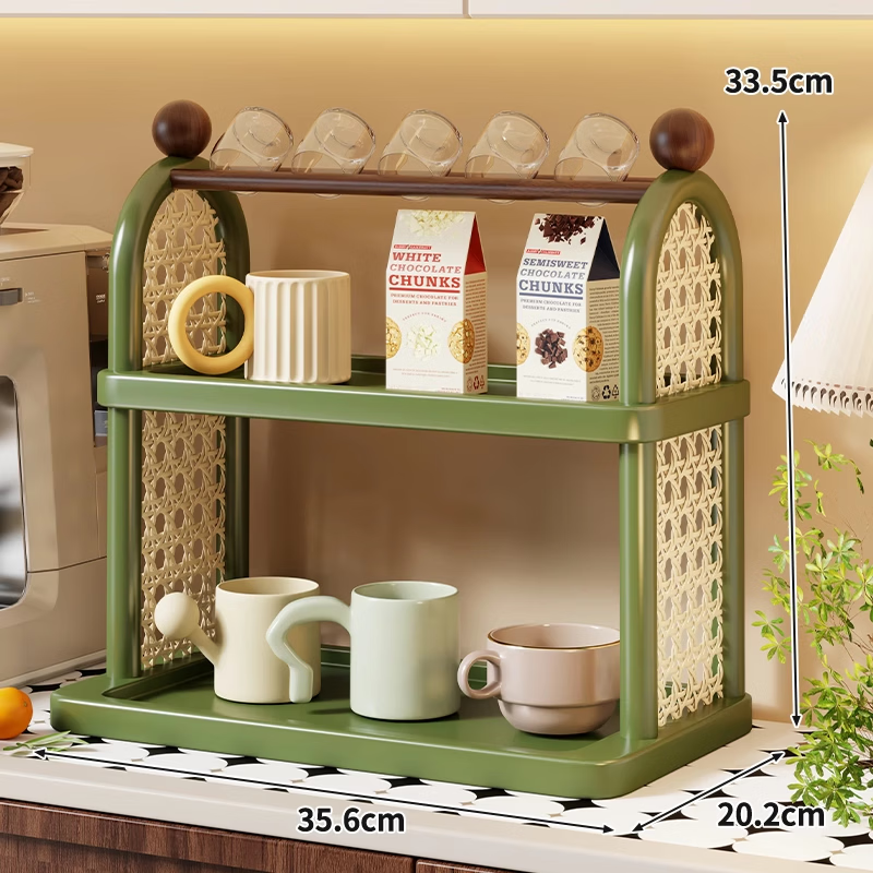 尔思家桌面置物架高级感台面多功能收纳杯架多层水杯茶具展示开放整理架 中古绿-双层【加宽底座 茶具任意放】
