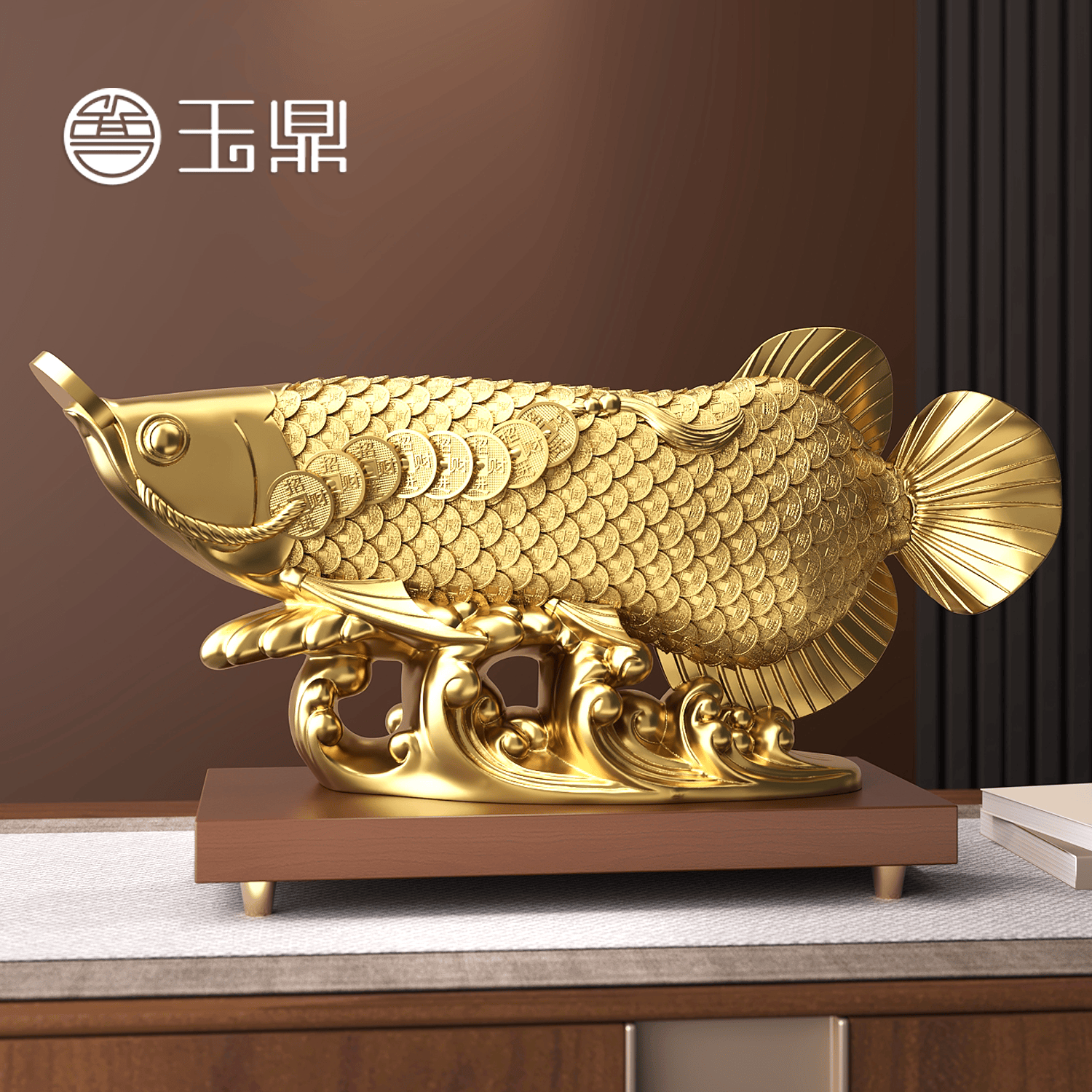 尊玉鼎招财金龙鱼摆件高级工艺品客厅玄关办公室摆件装饰品乔迁开业礼物 (顺丰)HT金色金龙鱼哑光金长40CM-礼盒