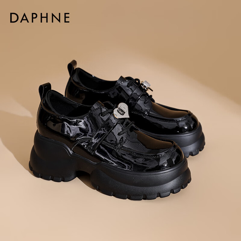 达芙妮官方厚底乐福鞋女2025新款秋季百搭增高女鞋小个子英伦风小皮鞋JD 黑色【爱心锁】跟高6cm 38