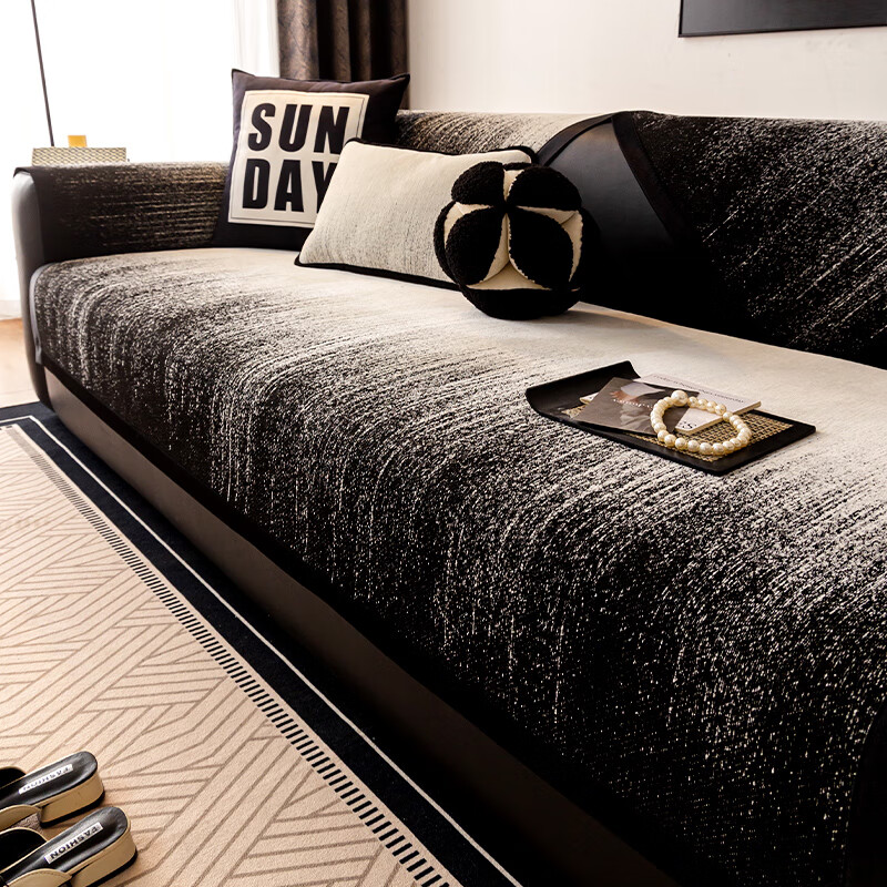 无印良品沙发垫四季通用防滑沙发坐垫真皮沙发专用垫雪尼尔劳伦斯沙发座垫 琉纱-黑色 【轻奢简约风 高克重雪尼尔】  70*210cm （三人位）