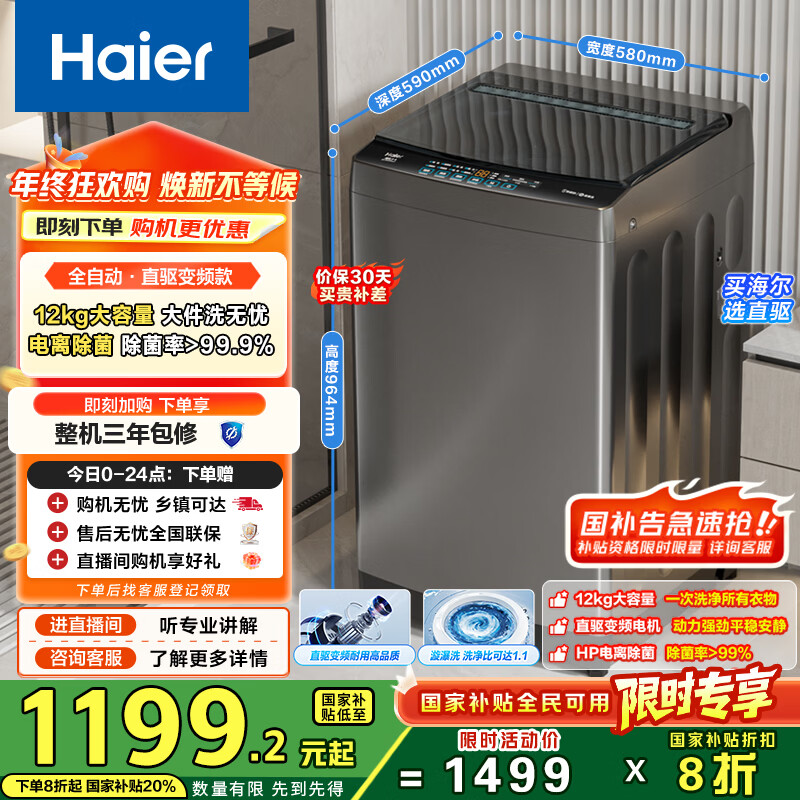 海尔（Haier）波轮洗衣机全自动12KG大容量京东自营家电国家补贴以旧换新直驱变频一级能效出租房EB120B53Mate1