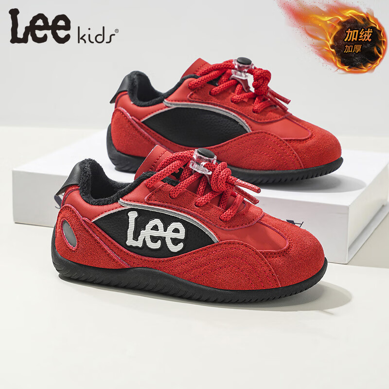 Lee童鞋冬季新款儿童跑步鞋学生休闲板鞋加绒运动鞋男女童 红色 36 【建议脚长221mm】