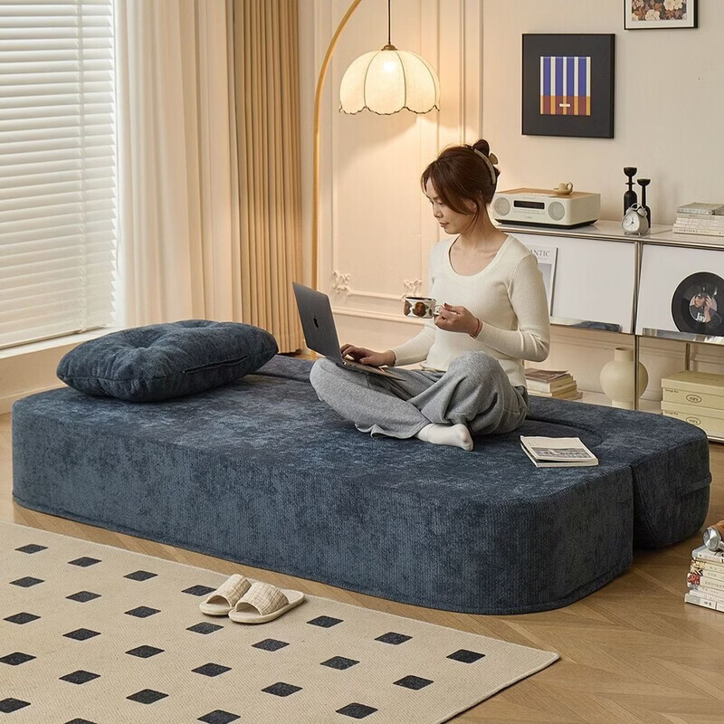 欣慕雅懒人沙发可躺可睡小户型客厅双人折叠沙发床两用榻榻米地上小沙发 【100cm】-浅蓝色+雪尼尔面料【真空压缩】