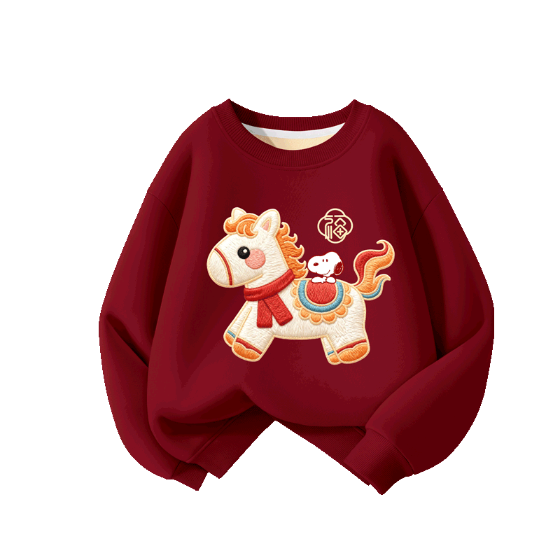 史努比兒童新年衣服男童裝冬季加絨衛(wèi)衣紅色馬年新款女童拜年服過年喜慶 【加絨衛(wèi)衣新年款】酒紅 努比刺繡馬_5 100 【推薦30-35斤】