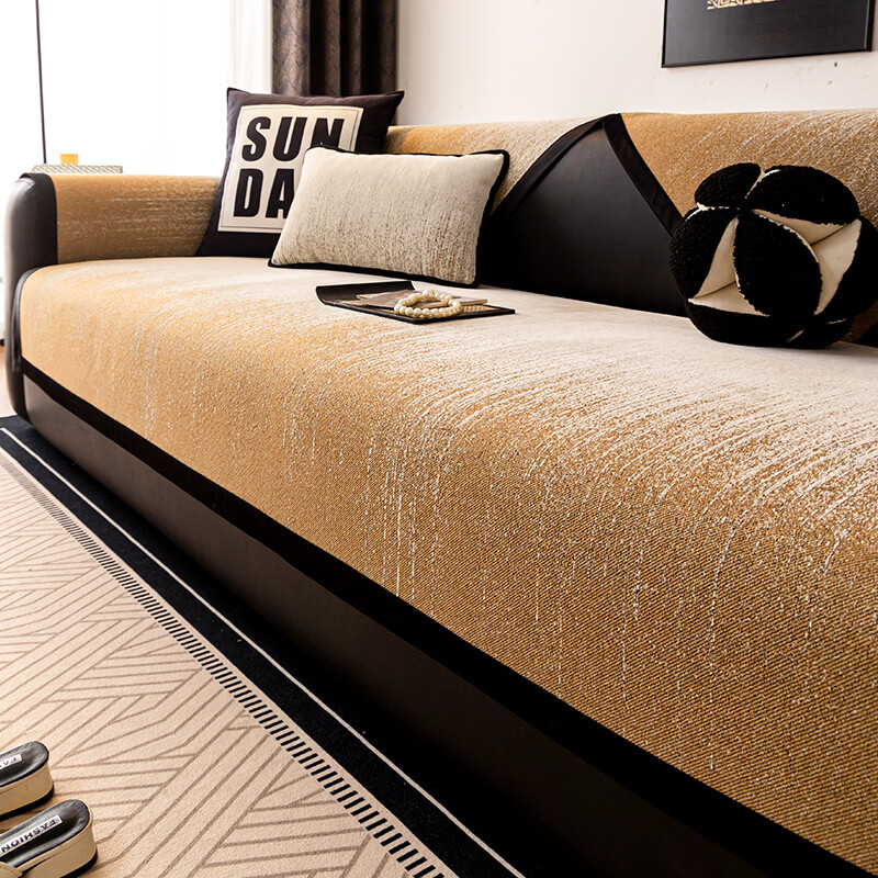 无印良品沙发垫四季通用防滑沙发坐垫真皮沙发专用垫雪尼尔劳伦斯沙发座垫 琉纱-咖色 【轻奢简约风 高克重雪尼尔】  70*210cm （三人位）