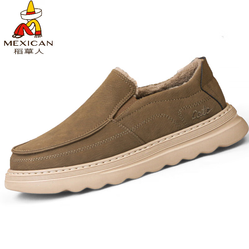稻草人（MEXICAN）冬季新款棉鞋男保暖加厚老北京布鞋加绒中老年爸爸鞋一脚蹬二棉鞋 咖色 39