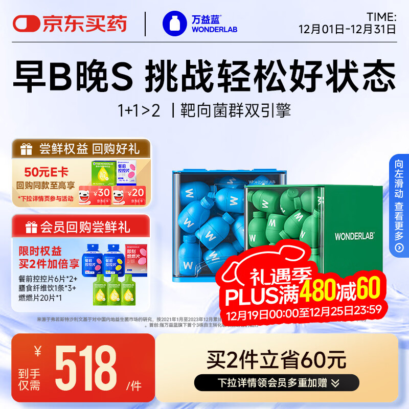 万益蓝WonderLab 早B晚S组合30瓶+30瓶 B420益生菌S100益生元棕色脂肪