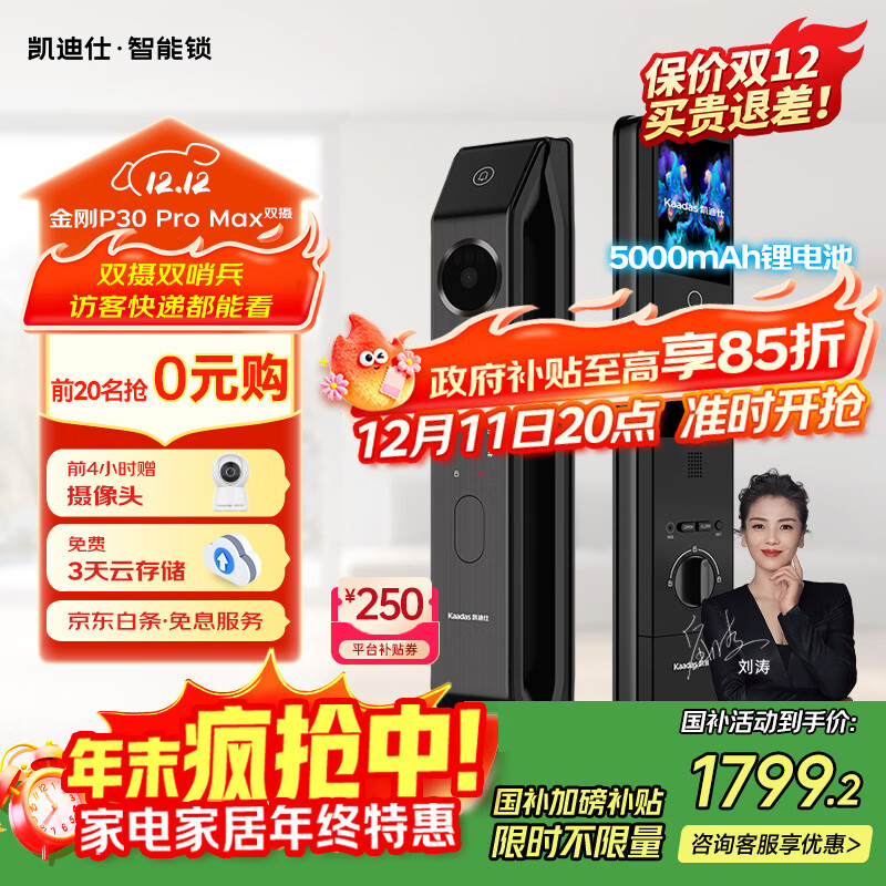 凯迪仕（kaadas）智能门锁 双摄人脸识别可视猫眼大屏指纹锁 金刚P30 Pro Max双摄