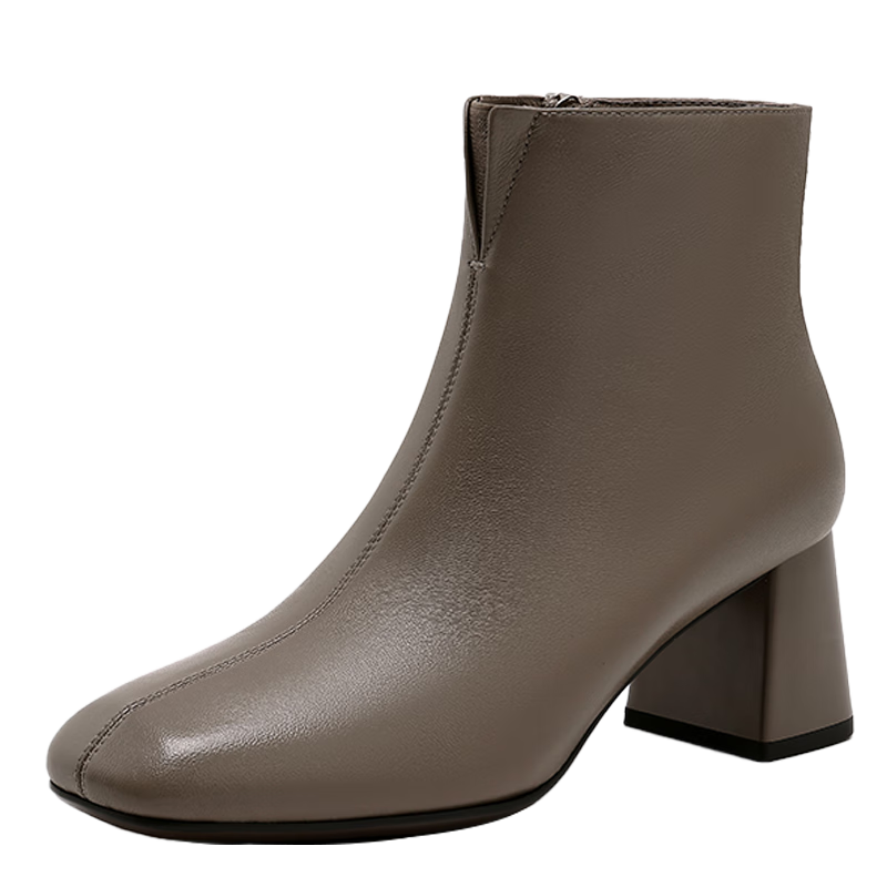 星期六真皮粗跟短靴女2025新款秋冬季厚底增高靴子法式方頭切爾西瘦瘦靴