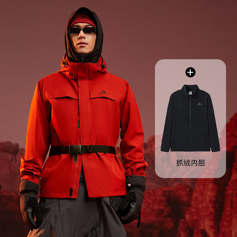 登山拓路者林更新同款【朱雀抓绒冲锋衣】户外三合一男女登山服外套 【抓绒内胆三合一】朱雀红-男款 S