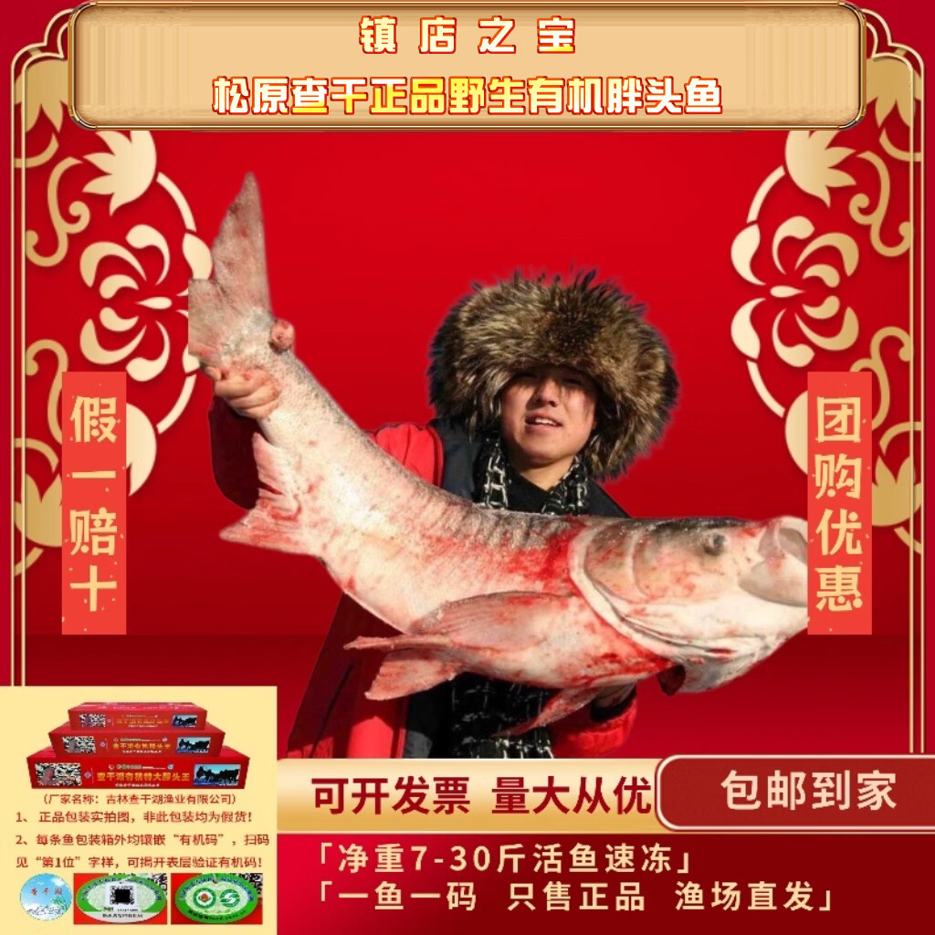 松原冬捕有机胖头鱼查干湖渔场直采年货礼盒新鲜速冻假一赔十 整条净重10斤（胖头鱼精品礼盒） 京东折扣/优惠券