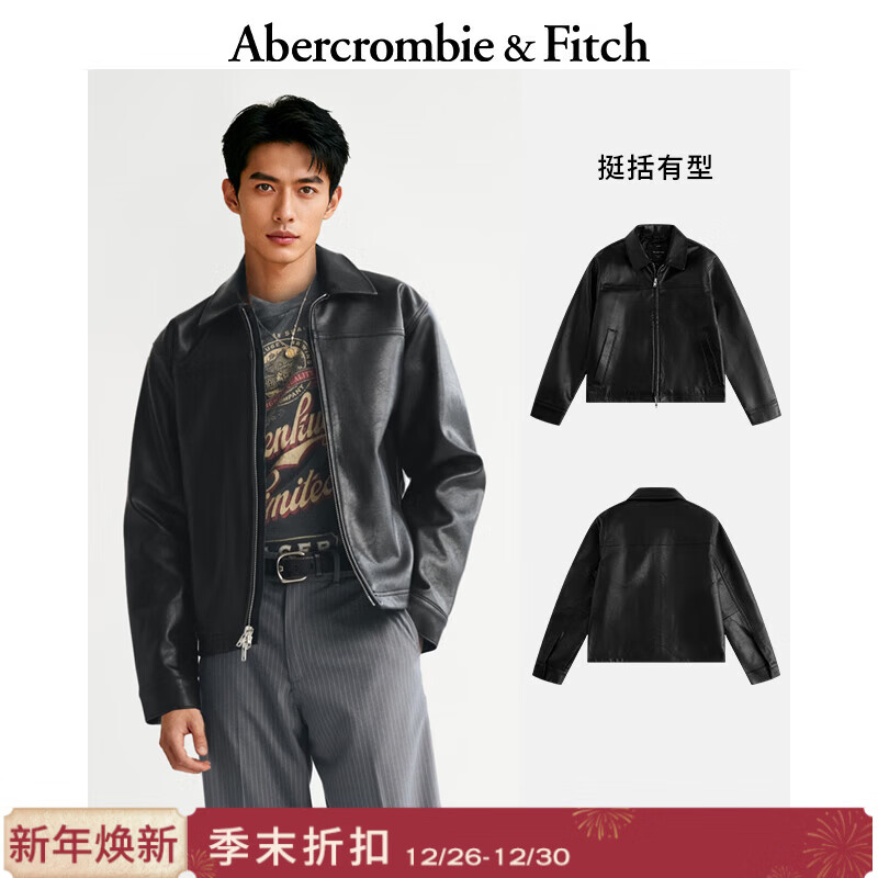 Abercrombie &amp; Fitch美式复古经典舒适廓形飞行员PU皮夹克外套25秋冬男装132-5131 黑色 M (180/100A)