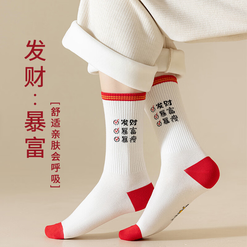 雅鹿红色中筒袜男女同款本命年新年袜子大红袜暴富袜男女士喜庆骐骥红 招财猫+福袋+日富一日+恭喜发财+心愿必达 5双 均码