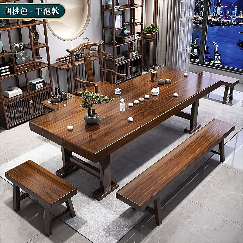 梵盛林2026新款实木茶桌大板茶桌椅组合一整套茶台一体全自动茶具接待室 石盘款+电磁炉 加厚1.6米桌+1围椅+4月牙椅