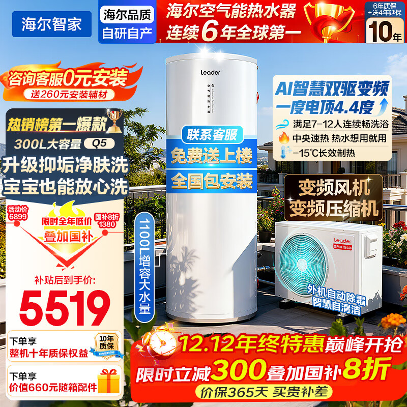 HaierҲ20% ܵˮ ˫ƵһЧ200/300װȿԴ縨ȱˮ 300Q5/һ˫Ƶ/ֹˮϴ 5519.2Ԫ()