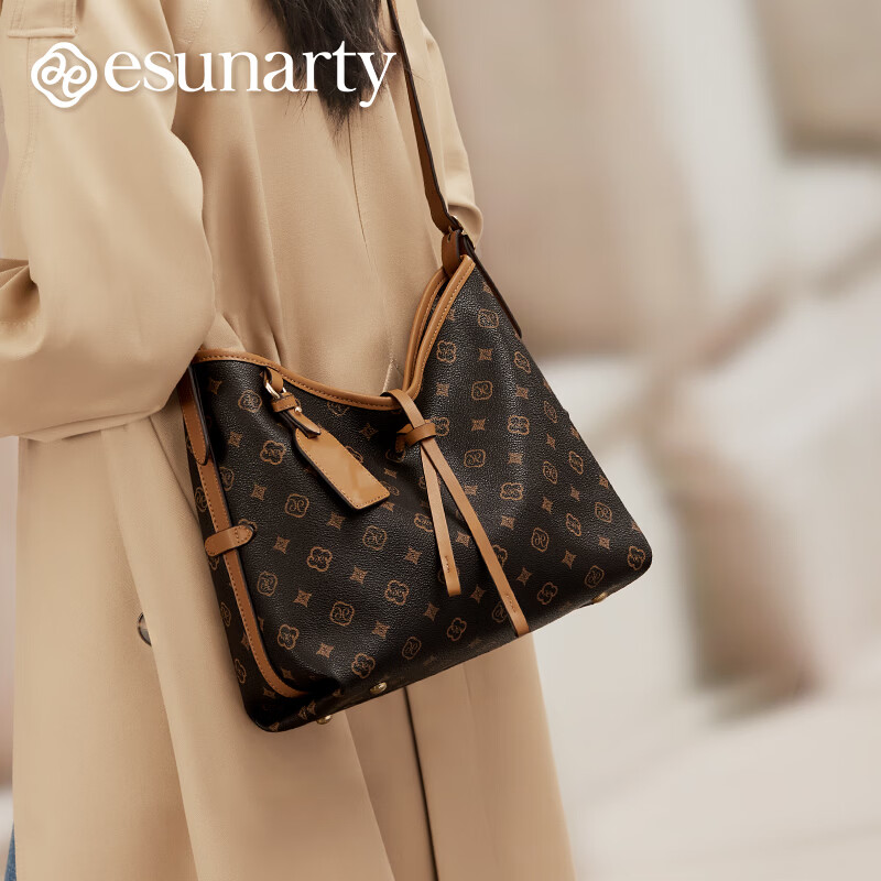 ESUNARTY单肩包女2025新款托特包老花通勤中年妈妈包新年礼物 黑拼棕