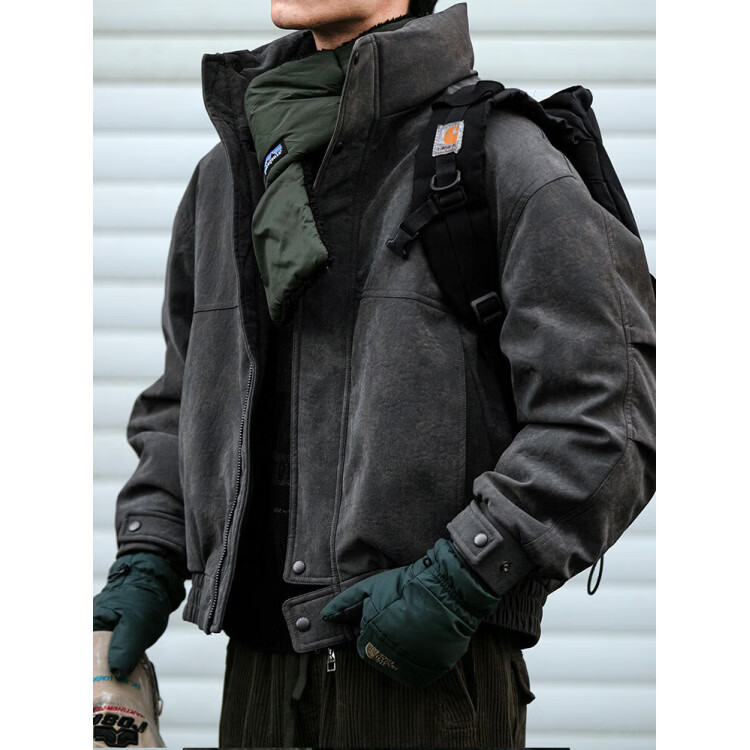 型曼男士立领90白鸭绒羽绒服冬季保暖防风PU皮款式休闲工装机车外套 灰色 M
