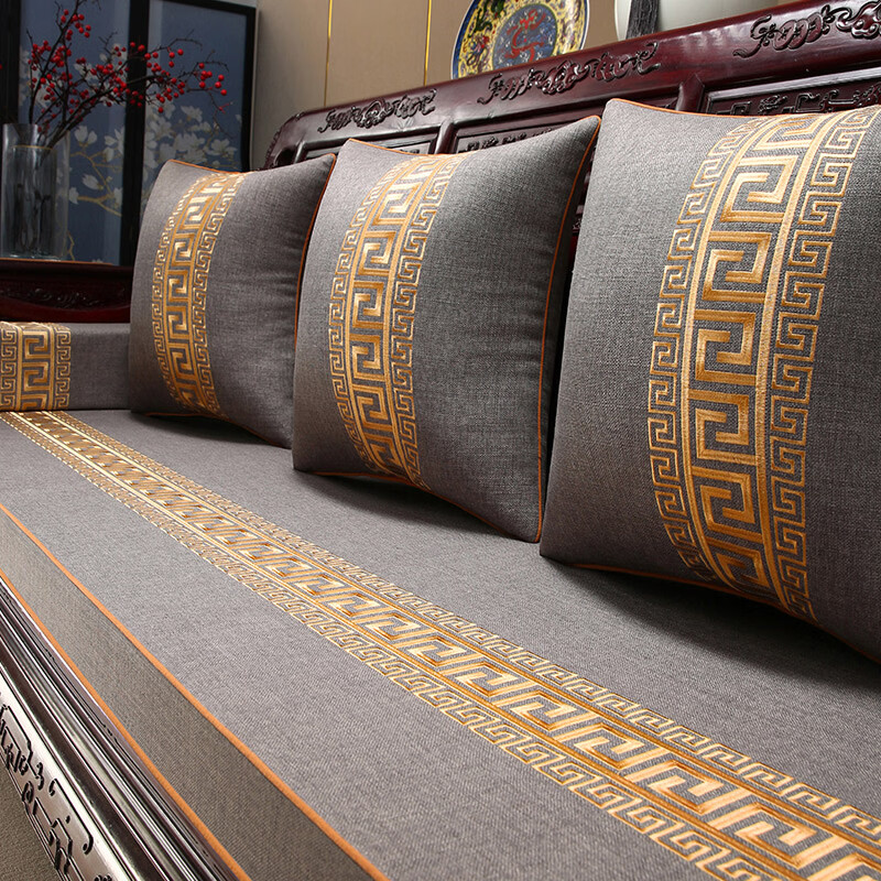 華幔盛庭新中式沙發(fā)坐墊紅木家具沙發(fā)墊布藝實(shí)木羅漢床五件套座墊 鴻運(yùn)連連_多麗絲麻_灰【刺繡款_防滑_可拆洗】 50cm*50cm 【抱枕含芯】（正方形）