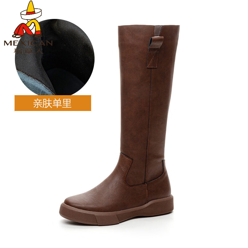 稻草人（MEXICAN）长筒靴女024冬新款大码41-43加绒不过膝骑士靴显瘦高筒靴牛皮平底 棕色单里 35
