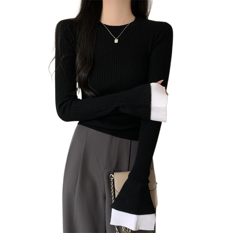 西遇（Westlink）撞色假兩件針織衫女2026春季新修身圓領喇叭袖顯瘦打底衫毛衣 黑色 付款15天 M (160)