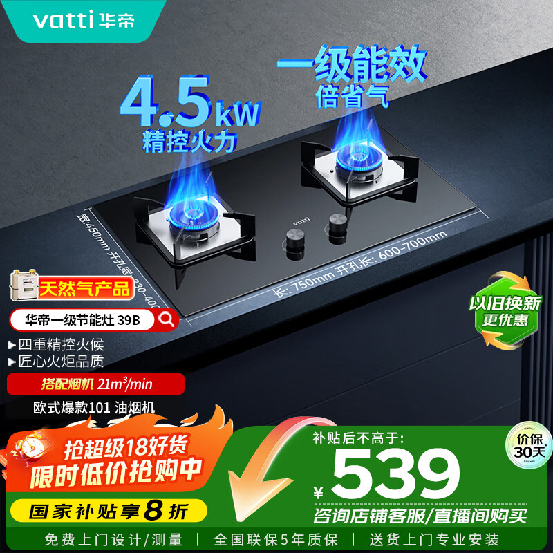 华帝（VATTI）国家补贴燃气灶天然气双灶家用台式嵌入式4.2kW钢化玻璃一级能效双灶台灶具i10039B【天然气产品】