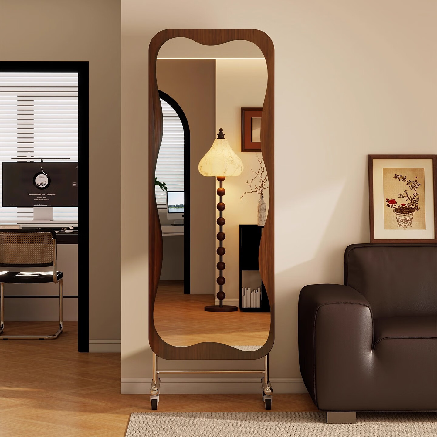 美竹乐可移动全身镜落地镜家用卧室中古风穿衣镜客厅不锈钢滑轮试衣镜子 新品首发【不锈钢滑轮】胡桃色50*150