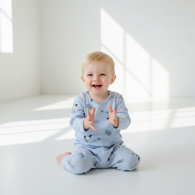 小猪大卫 PECODAVID秋内衣套装男童女宝宝可爱印花秋衣秋裤无骨贴身内衣套 蓝色小狗 120