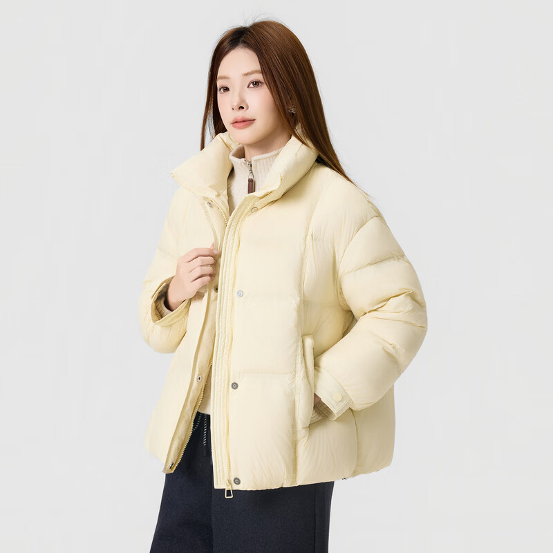 快鱼2025冬季新款针织拼接连帽羽绒服时尚保暖宽松外套女士羽绒衣 淡黄 L