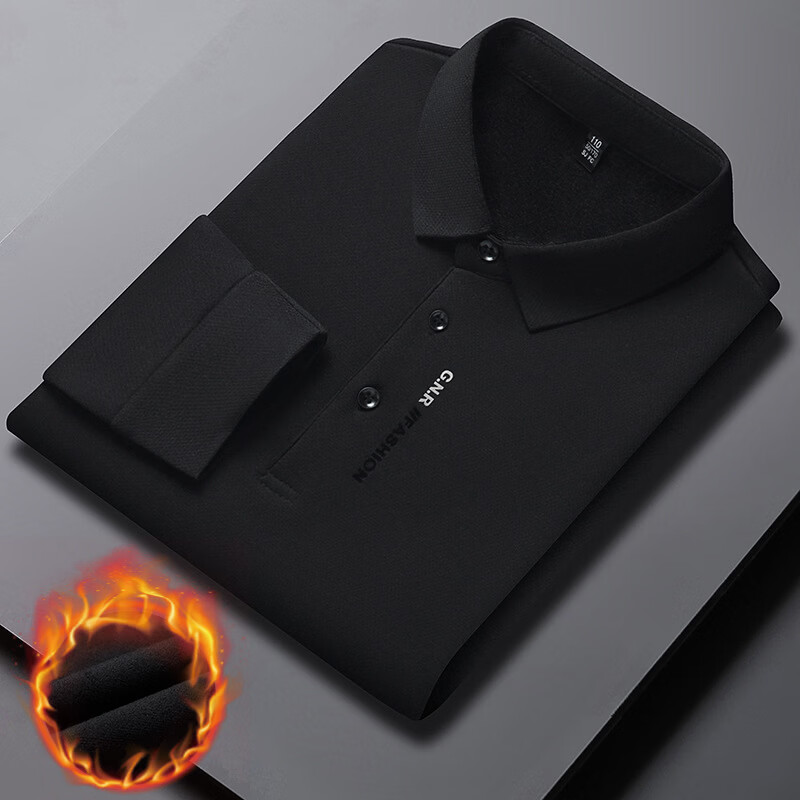 WAMLBN秋冬季男士长袖加绒中年翻领打底polo衫爸爸装 卡其 L 170/【建议115-130斤】