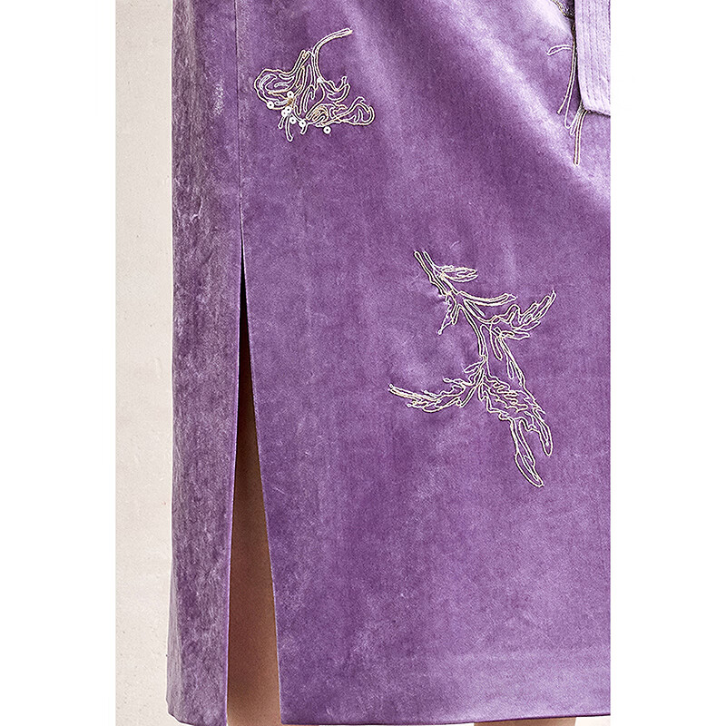 OBBLIGATO奥丽嘉朵2026早春新款刺绣高腰醋酸新中式丝绒半身裙 深紫单裙 S