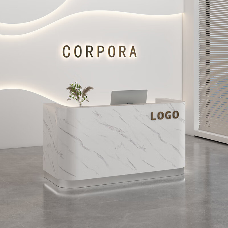 簡(jiǎn)約現(xiàn)代收銀臺(tái)服裝店吧臺(tái)烤漆小型商鋪柜臺(tái)公司美容院前臺(tái)接待臺(tái) 彷大理石紋+銀色不銹鋼 80x50x100cm