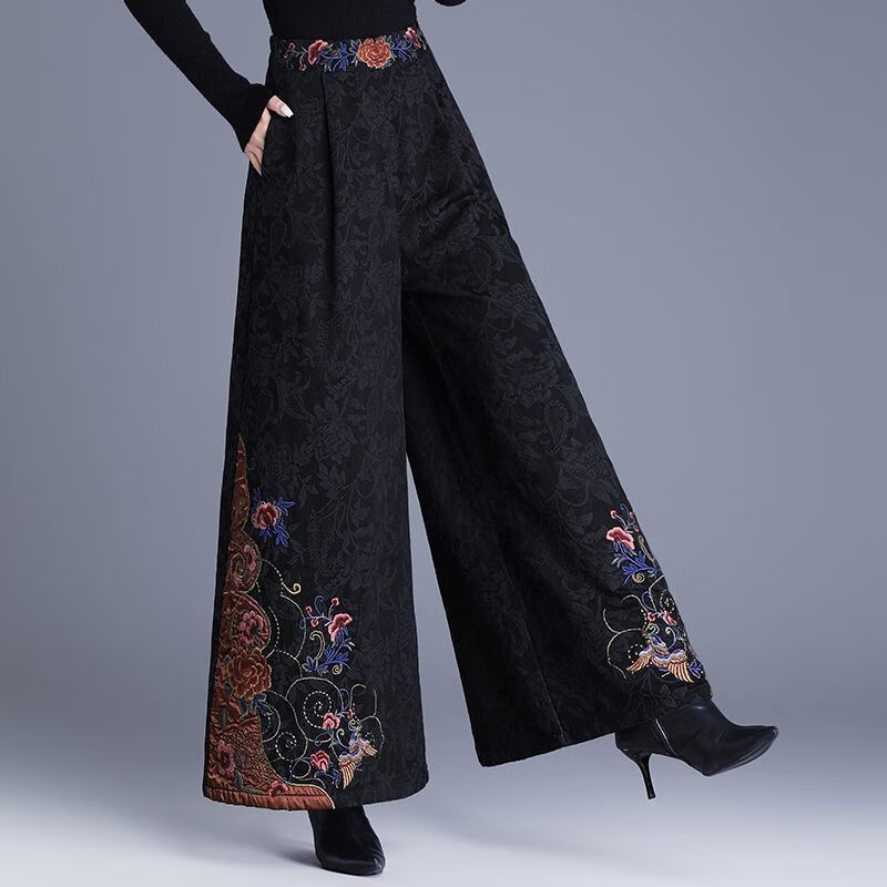 中年妈妈装新中式国风高腰阔腿裤重工绣花提花民族风刺绣长裤子女 黑色刺绣阔腿裤(不加绒) L