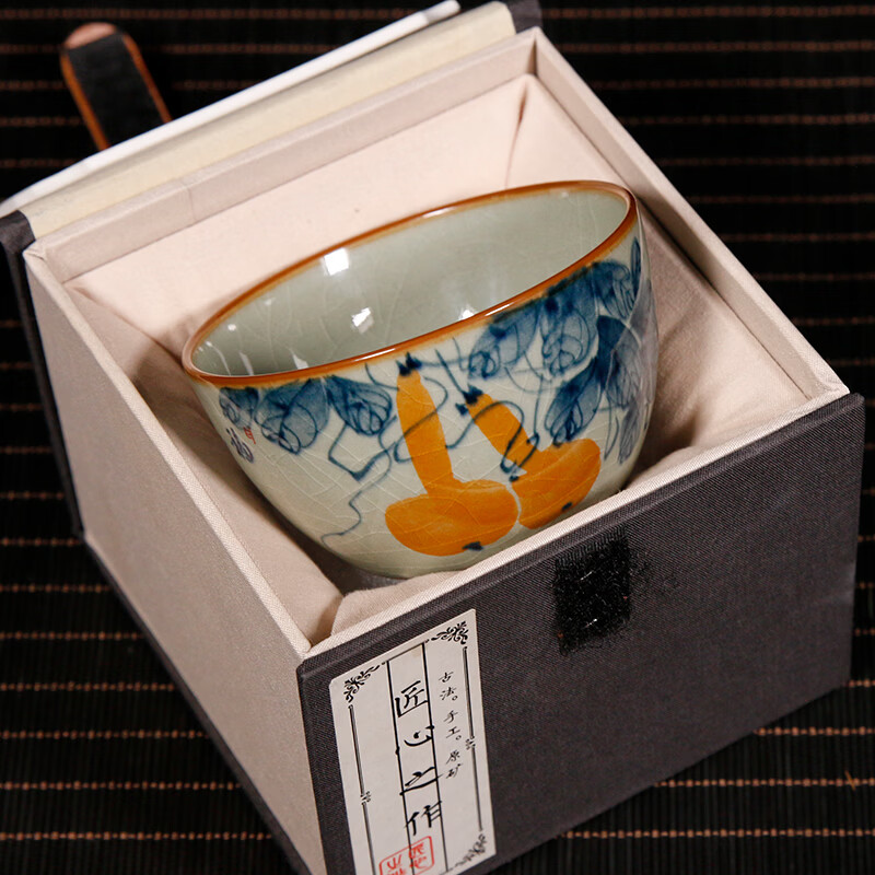 【柴房雅器】景德镇柴窑手绘青花釉里红福寿康宁卧足杯纯手工茶杯