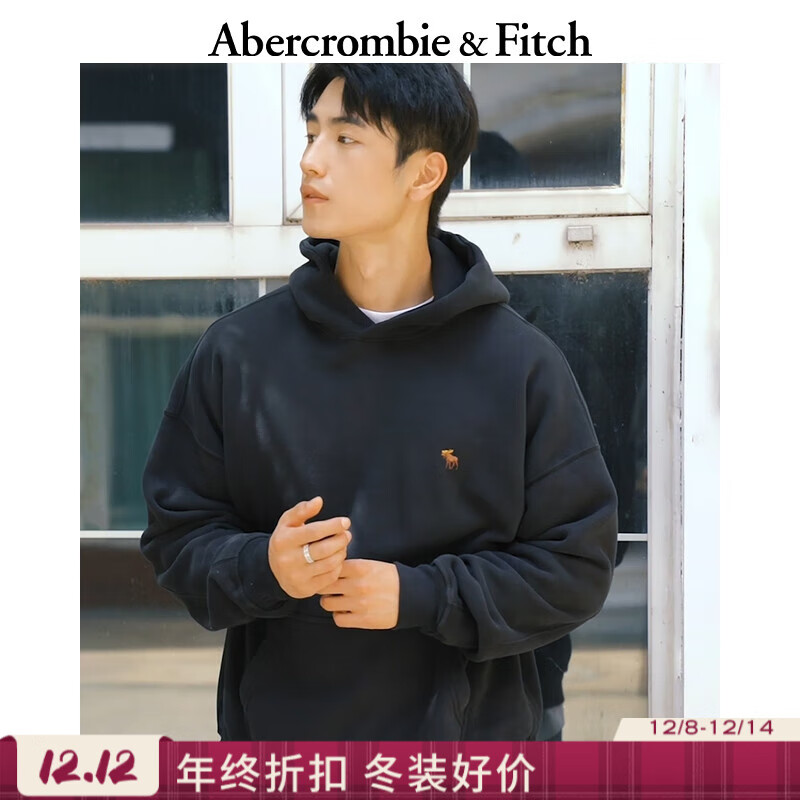 Abercrombie &amp; Fitch小麋鹿图案美式复古保暖抓绒套头连帽卫衣25秋冬男装122-5536 黑色 M (180/100A)