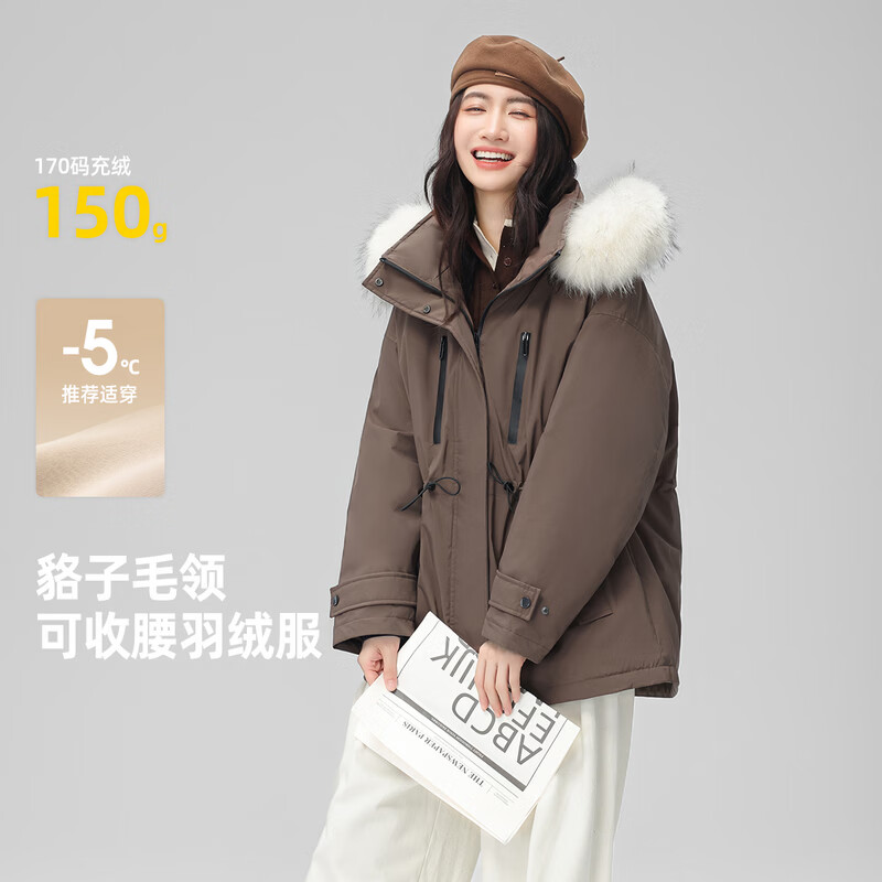雪中飞新款百搭【大毛领】短款保暖羽绒服抗寒保暖亲肤舒适 咖啡棕|7125 M /165/88A