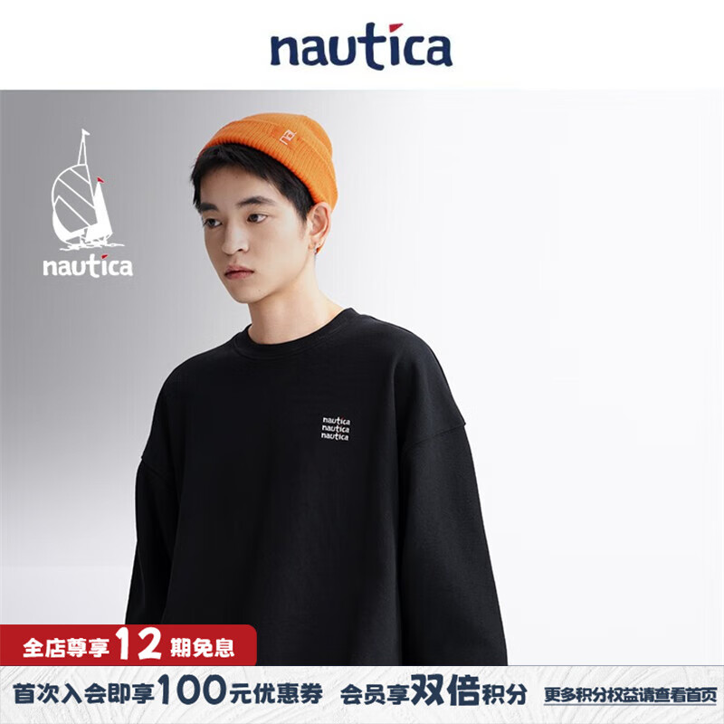 nautica white sail白帆×汤本弘通监制男女同款宽松圆领卫衣HYKW3418 黑色0TB XS