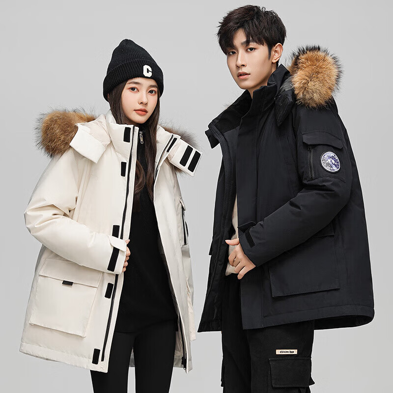 国际标准羽绒服（已质检）骆驼工装潮牌高品质国标服男中长款大毛 黑色 3XL