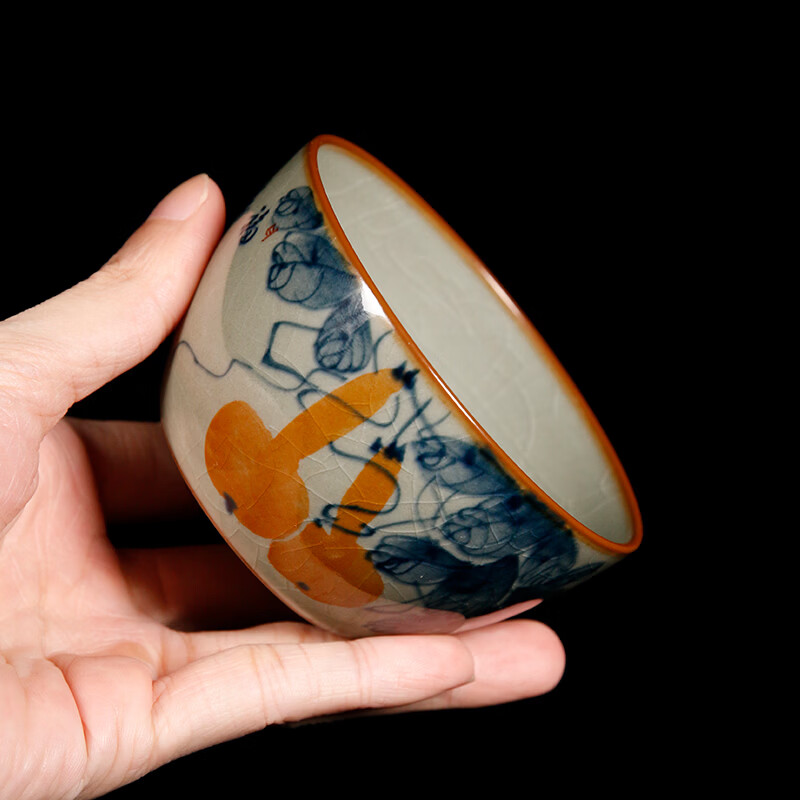 【柴房雅器】景德镇柴窑手绘青花釉里红福寿康宁卧足杯纯手工茶杯