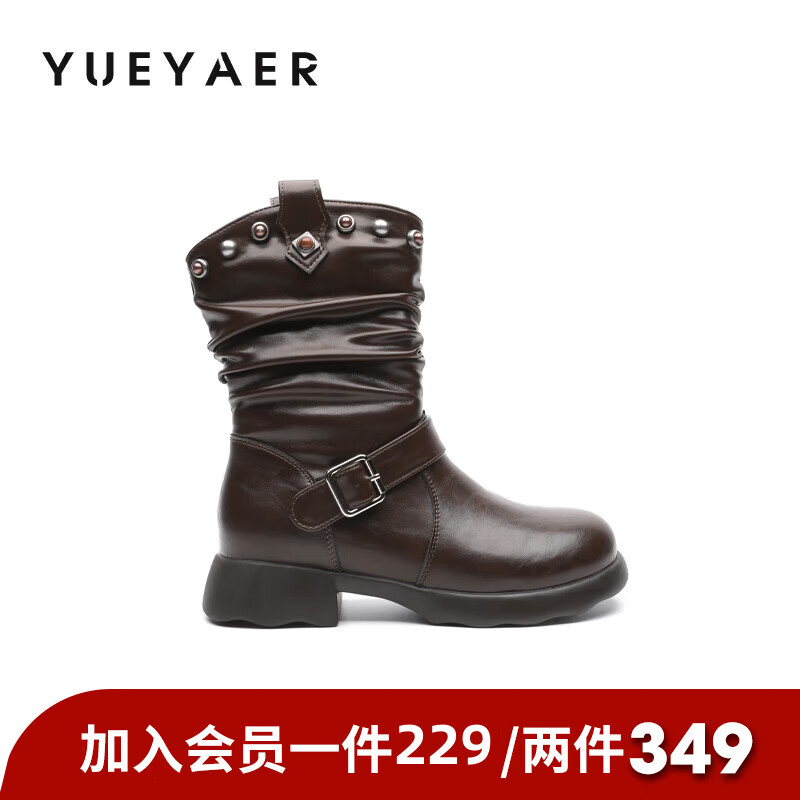月芽儿美拉德风皮带扣堆堆靴女冬季褶皱中筒靴铆钉装饰时装靴 绒里咖啡色20T 34