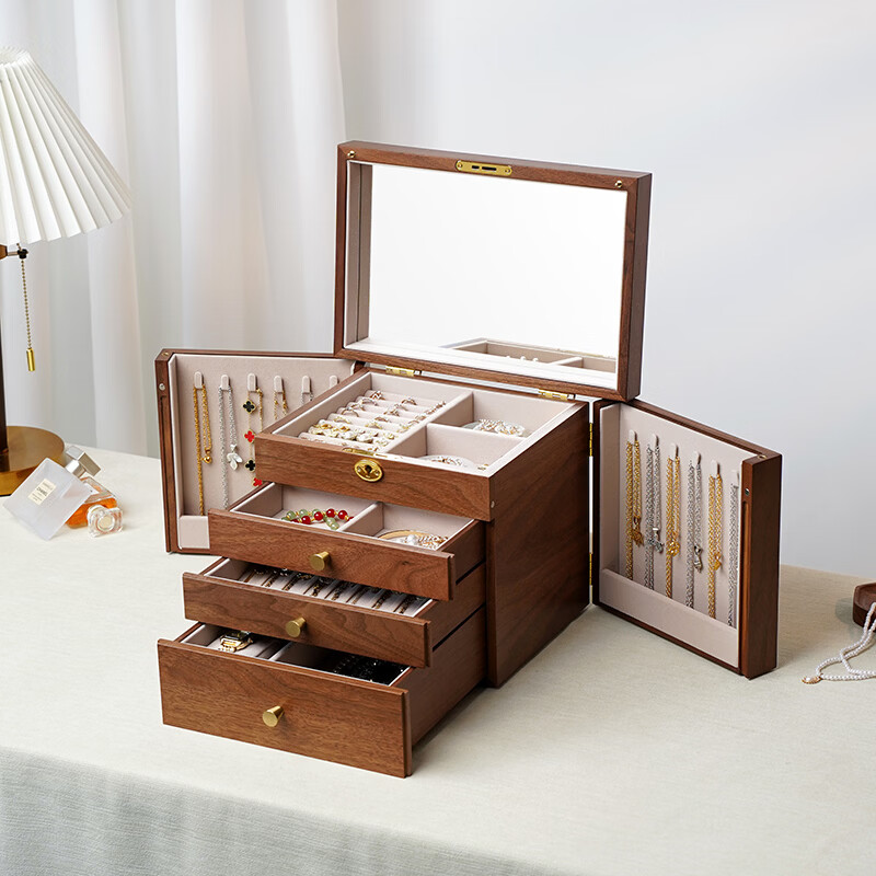 木久收纳盒木质梳妆台桌面带锁带镜饰品盒结婚五金珠宝木质首饰盒 四层首饰盒 【带锁带镜子】
